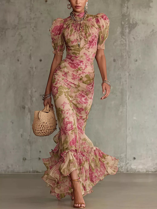 Floral Print High-Neck Puff Sleeve Ruffle Hem Maxi Dress