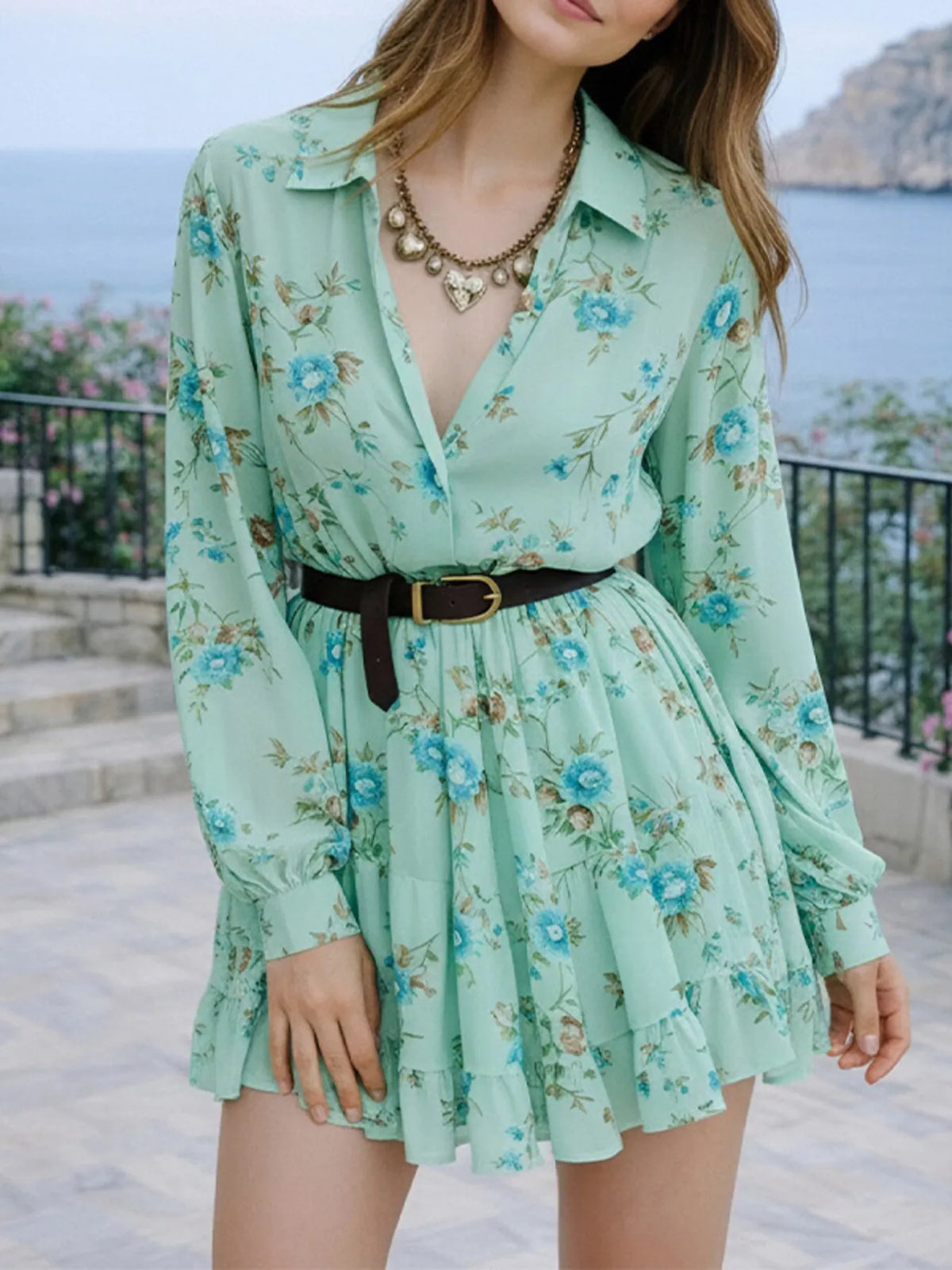 Floral Print Long Sleeve Shirt Dress Plus Size