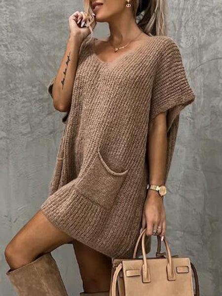Short Sleeve Sweater Dress with Pockets - alternate view 3