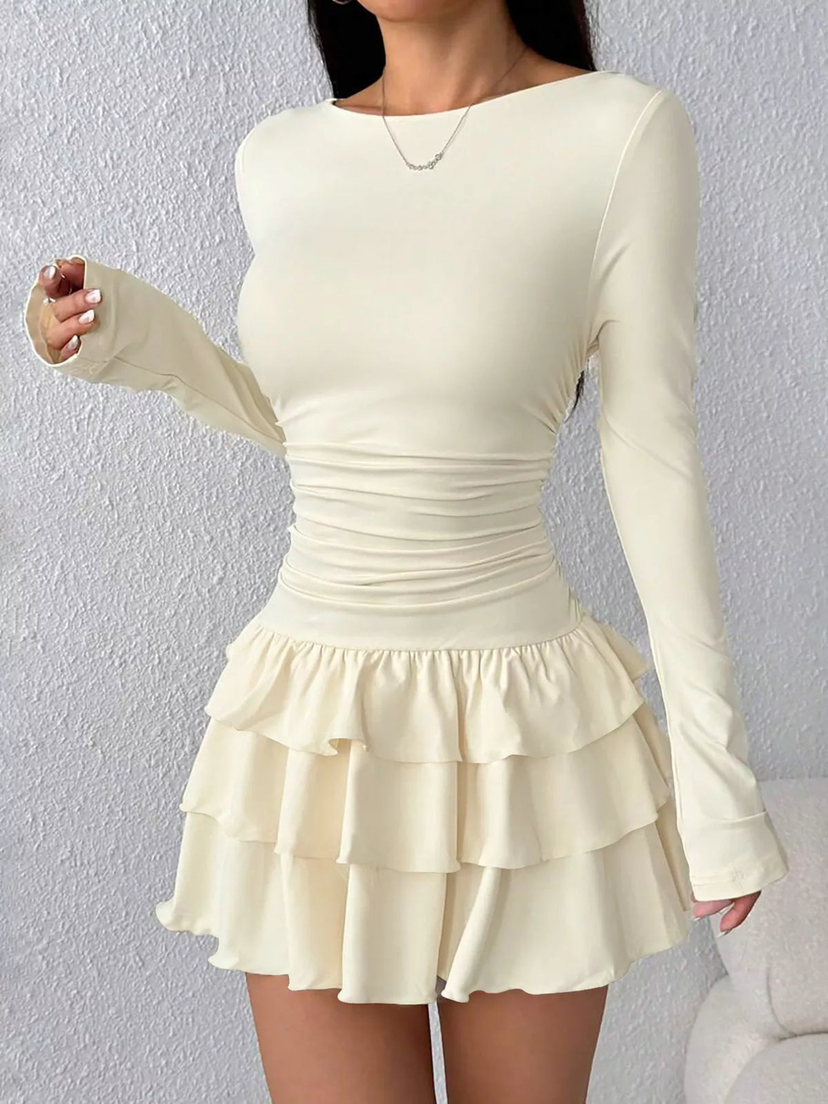 Ruched Long Sleeve Layered Ruffle Mini Dress - alternate view 2