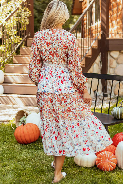 Full Size Printed V-Neck Lantern Sleeve Midi Dress - alternate view 5