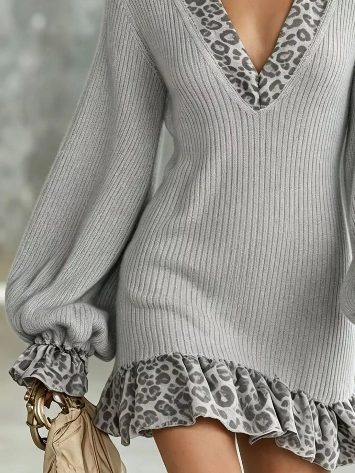Leopard Print Ruffled Trim Knit Dress - alternate view 9