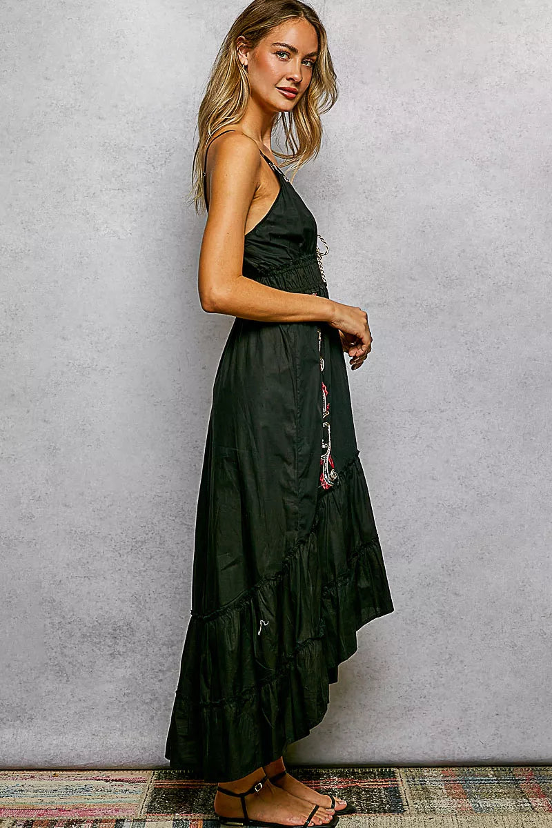POL Embroidered Detail Tassel Tie Smocked Waist Midi Tiered Cami Dress - alternate view 4
