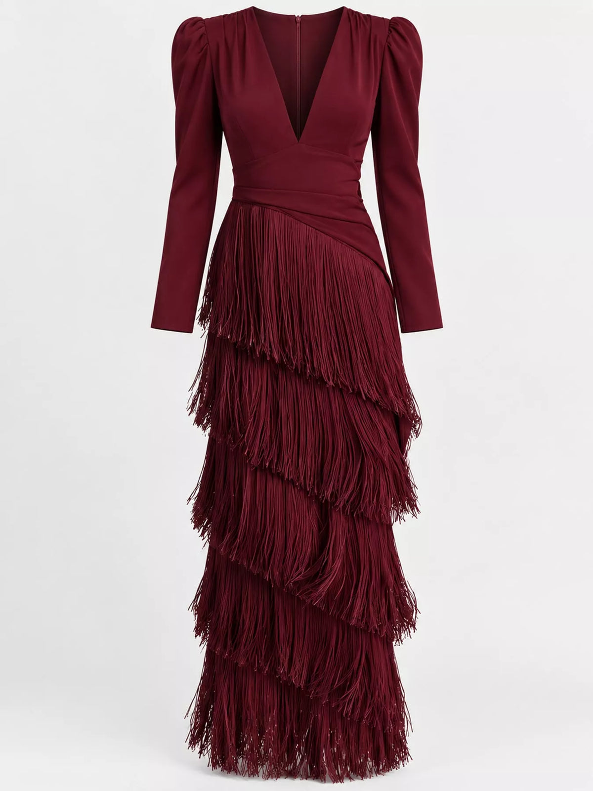 Fringed V-Neck Puff Sleeve Maxi Dress - alternate view 27
