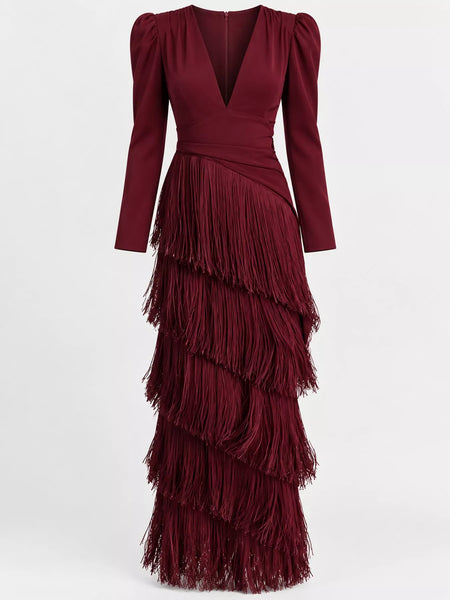 Fringed V-Neck Puff Sleeve Maxi Dress - alternate view 27