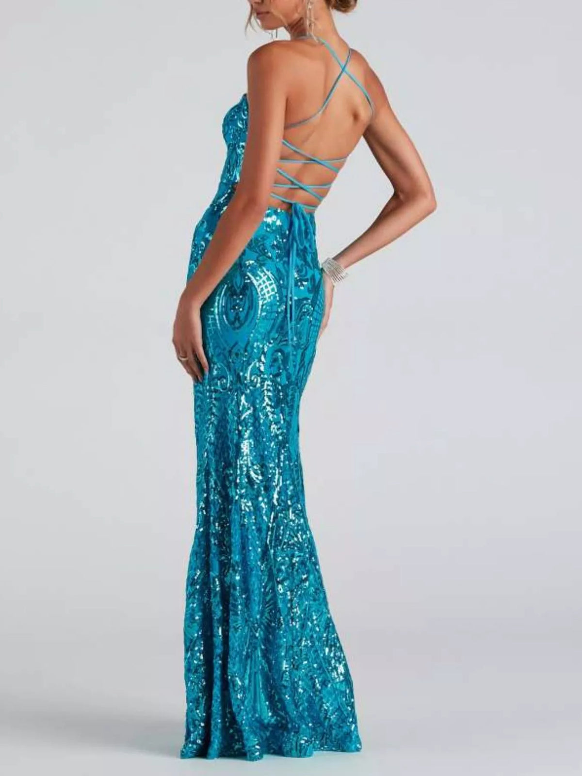 Sequin Embellished Bodycon Backless Evening Dress with Back Lace-Up - alternate view 2