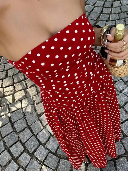 Strapless Polka Dot Ruched Maxi Dress - alternate view 15
