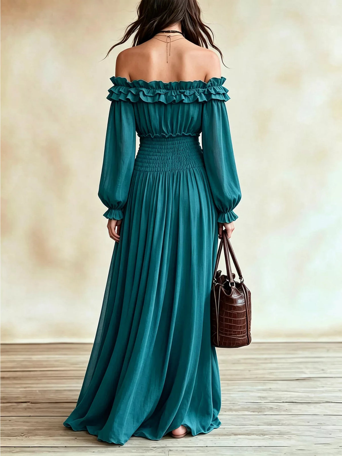 Full Size Off-Shoulder Ruffled Smocked Waist Maxi Dress with Pockets Plus Size - alternate view 8