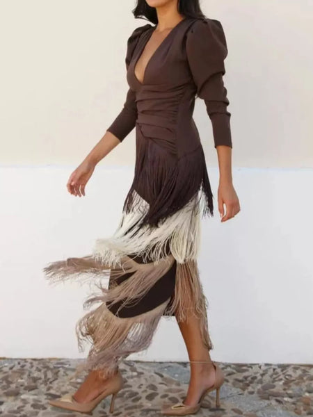Fringed V-Neck Puff Sleeve Maxi Dress - alternate view 16