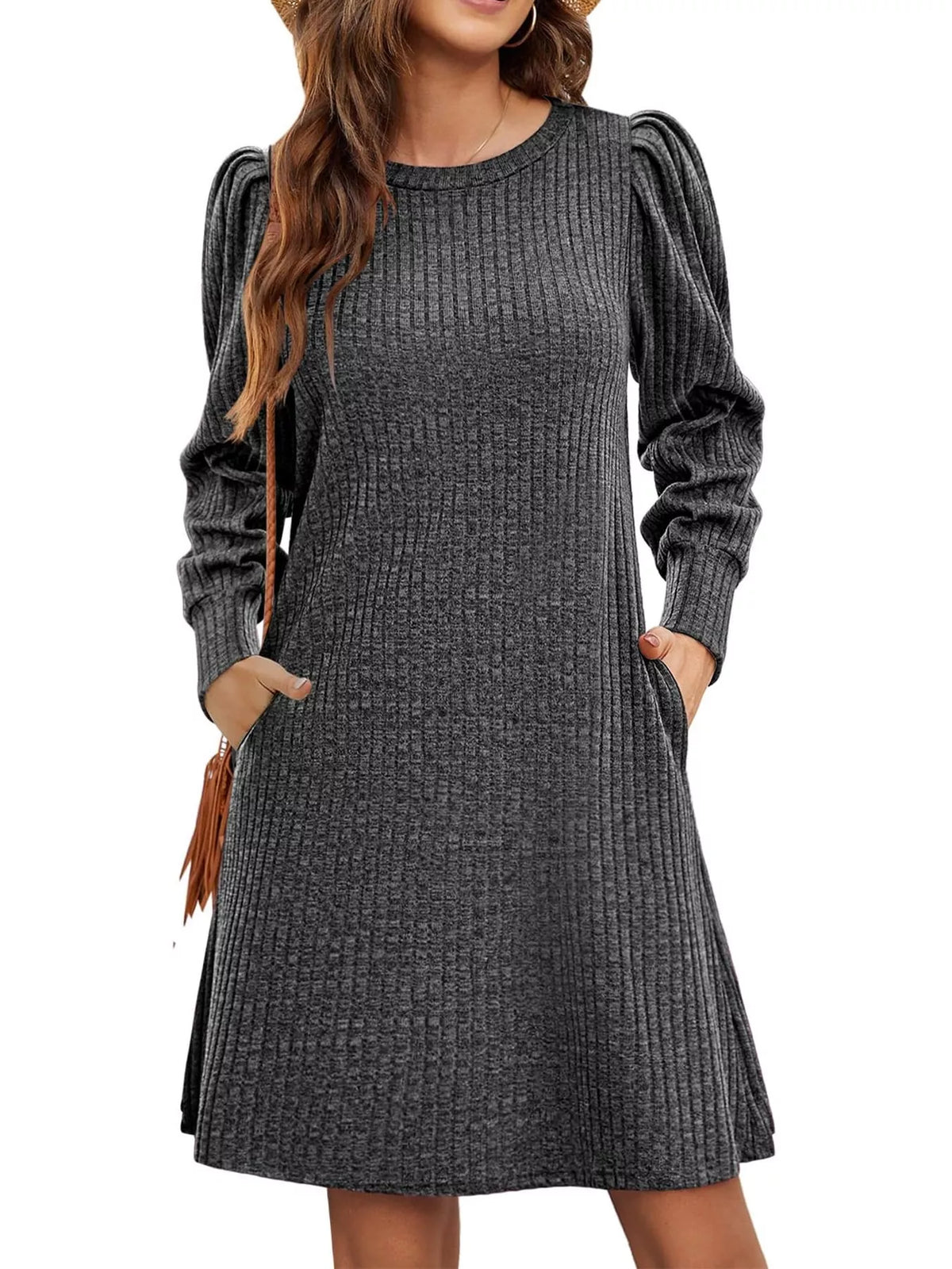 Puff Sleeve Ribbed Knit Dress with Pockets
