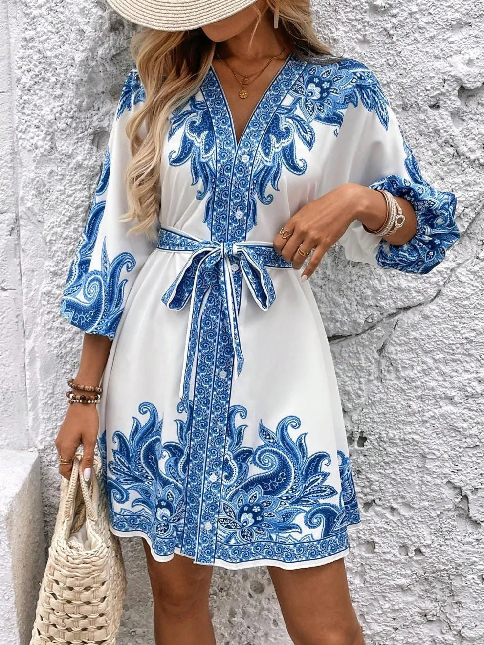 Paisley V-Neck 3/4 Sleeve Mini Dress - alternate view 4
