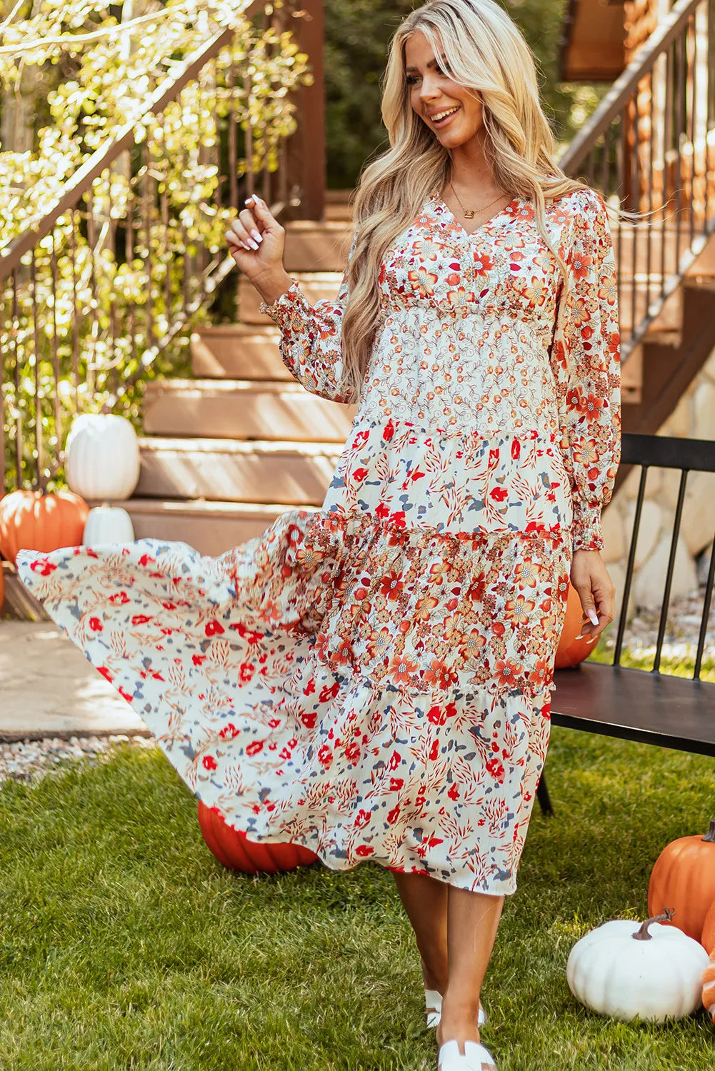 Full Size Printed V-Neck Lantern Sleeve Midi Dress - alternate view 3
