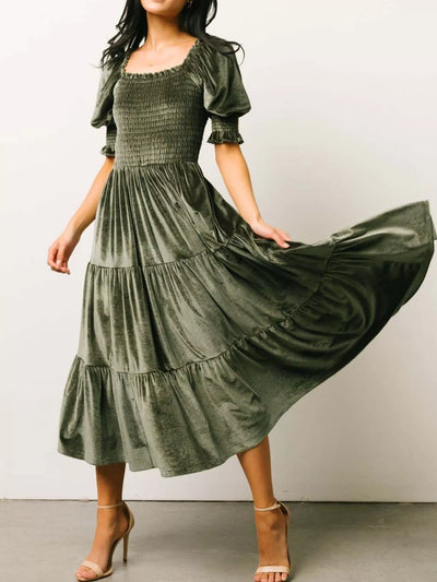 Velvet Smocked Tiered Midi Dress - alternate view 7