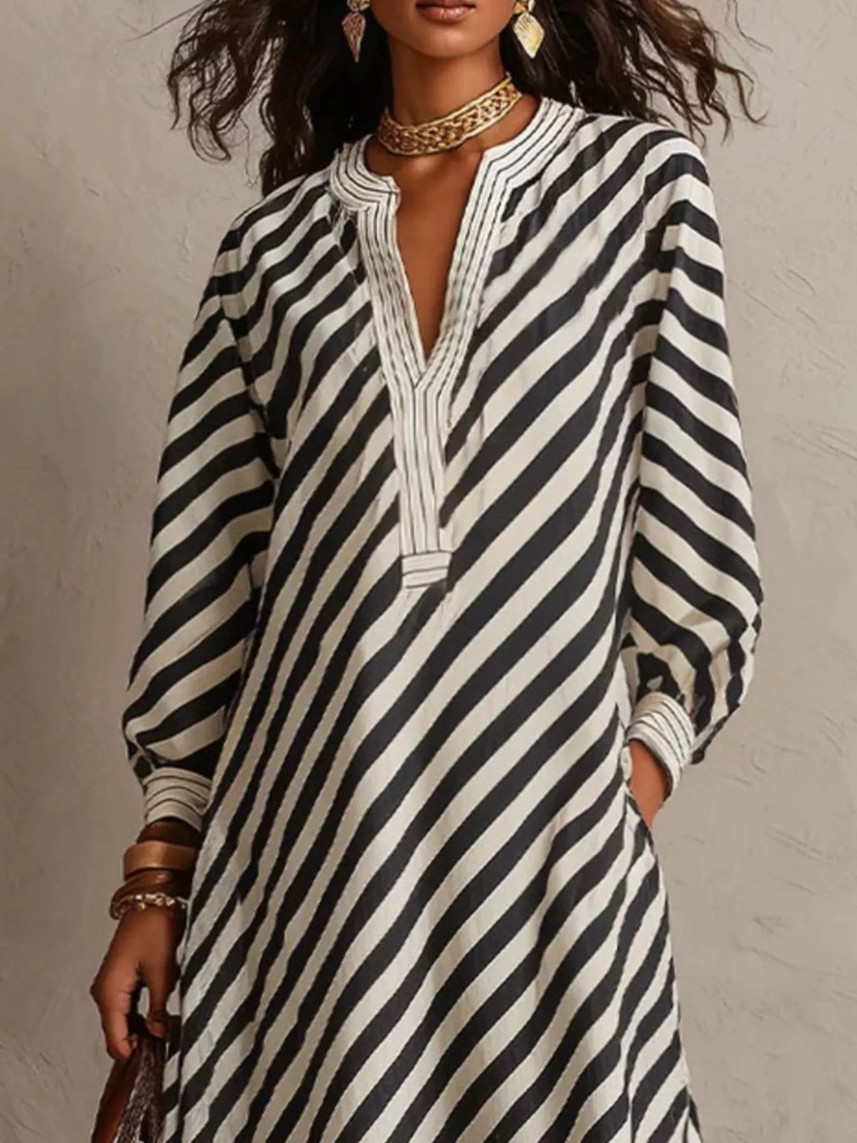 Striped Long Sleeves Maxi Dress - alternate view 2