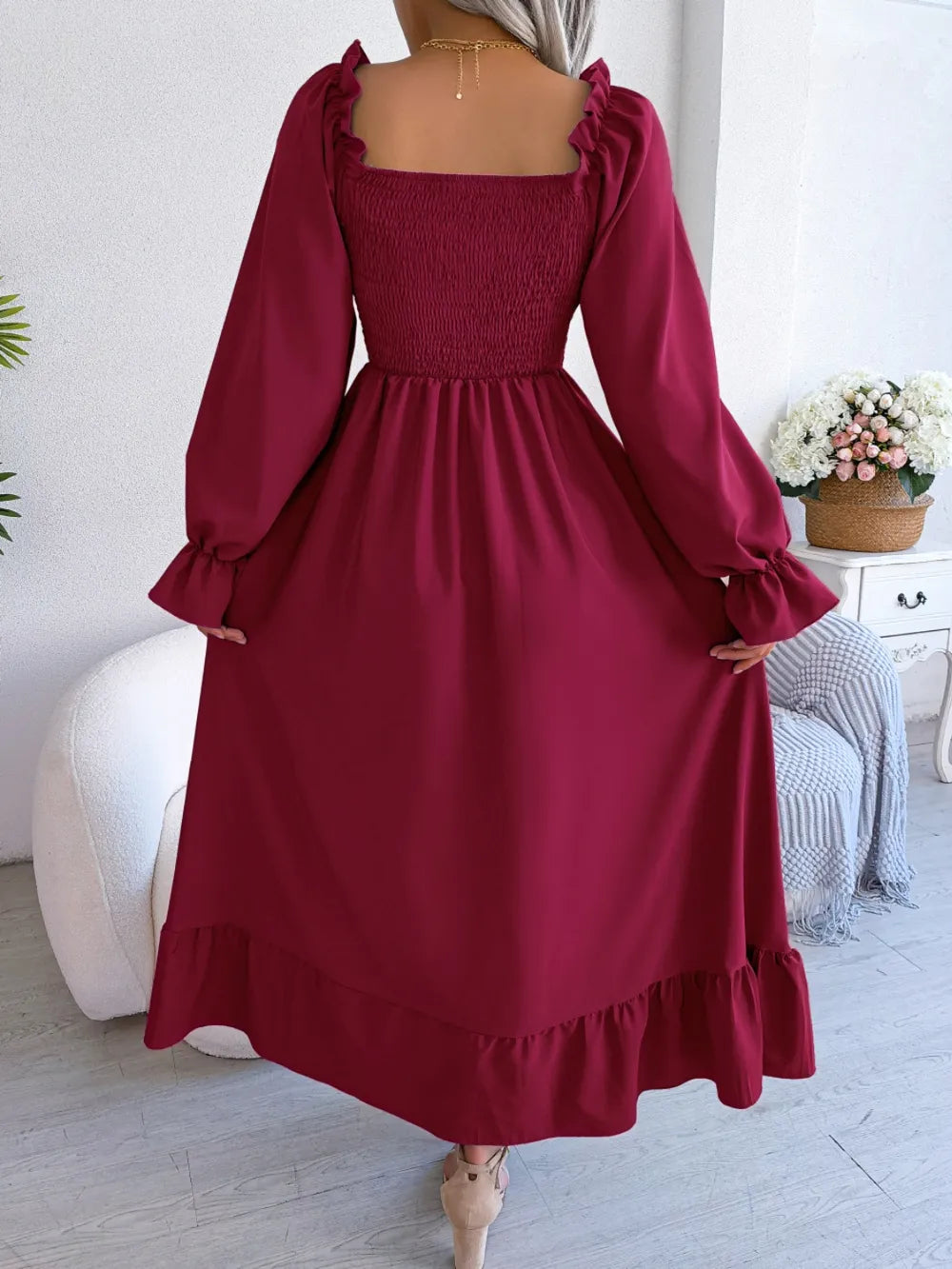 Smocked Square Neck Flounce Sleeve Dress - alternate view 11
