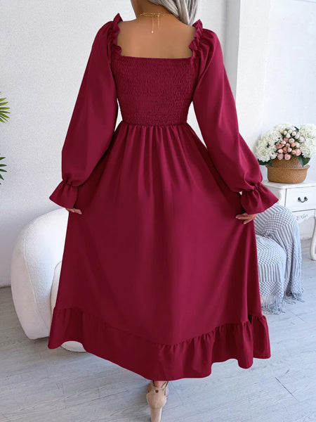 Smocked Square Neck Flounce Sleeve Dress - alternate view 11