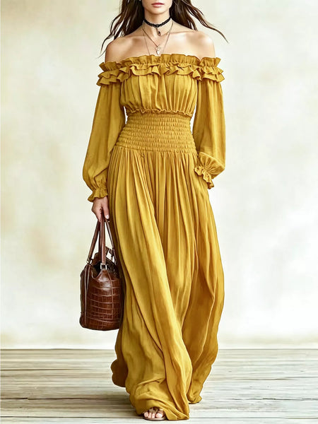 Full Size Off-Shoulder Ruffled Smocked Waist Maxi Dress with Pockets Plus Size - alternate view 14