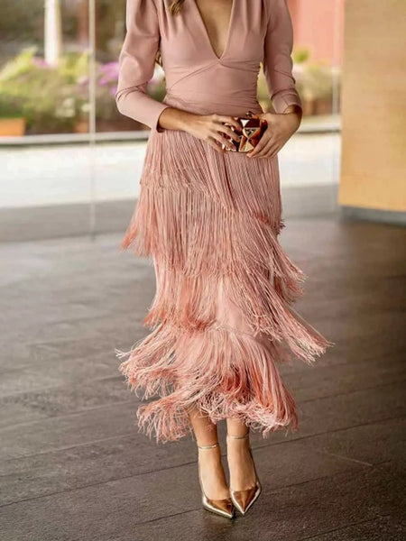 Fringed V-Neck Puff Sleeve Maxi Dress - alternate view 14