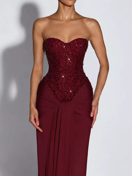 Elegant Strapless Sequin Corset Maxi Dress with Draped Waist Detail - alternate view 19