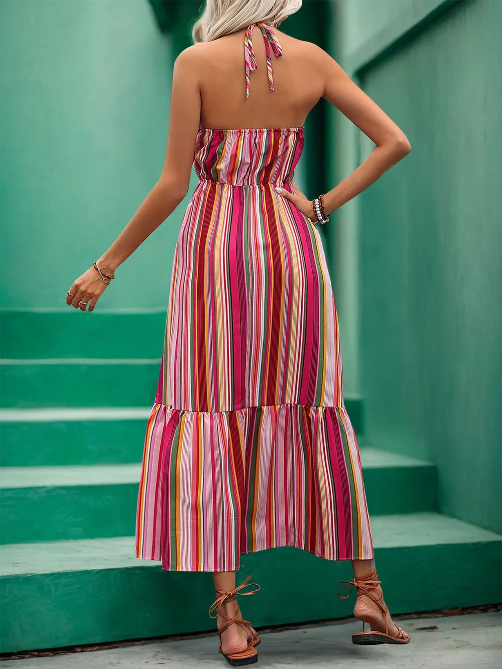 Perfee Lace Detail Striped Halter Neck Midi Dress - alternate view 2