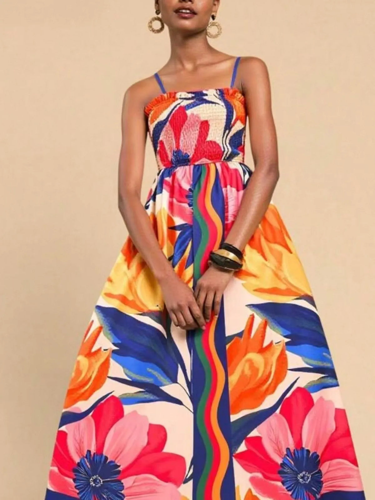 Smocked Printed Spaghetti Strap Maxi Summer Dress - alternate view 2