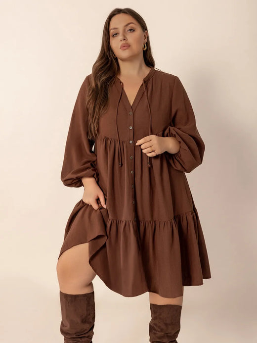 Tie Neck Balloon Sleeve Tiered Dress - alternate view 4
