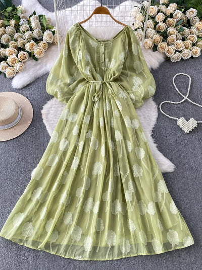 Button Front Puff Sleeve Chiffon Dress - alternate view 14