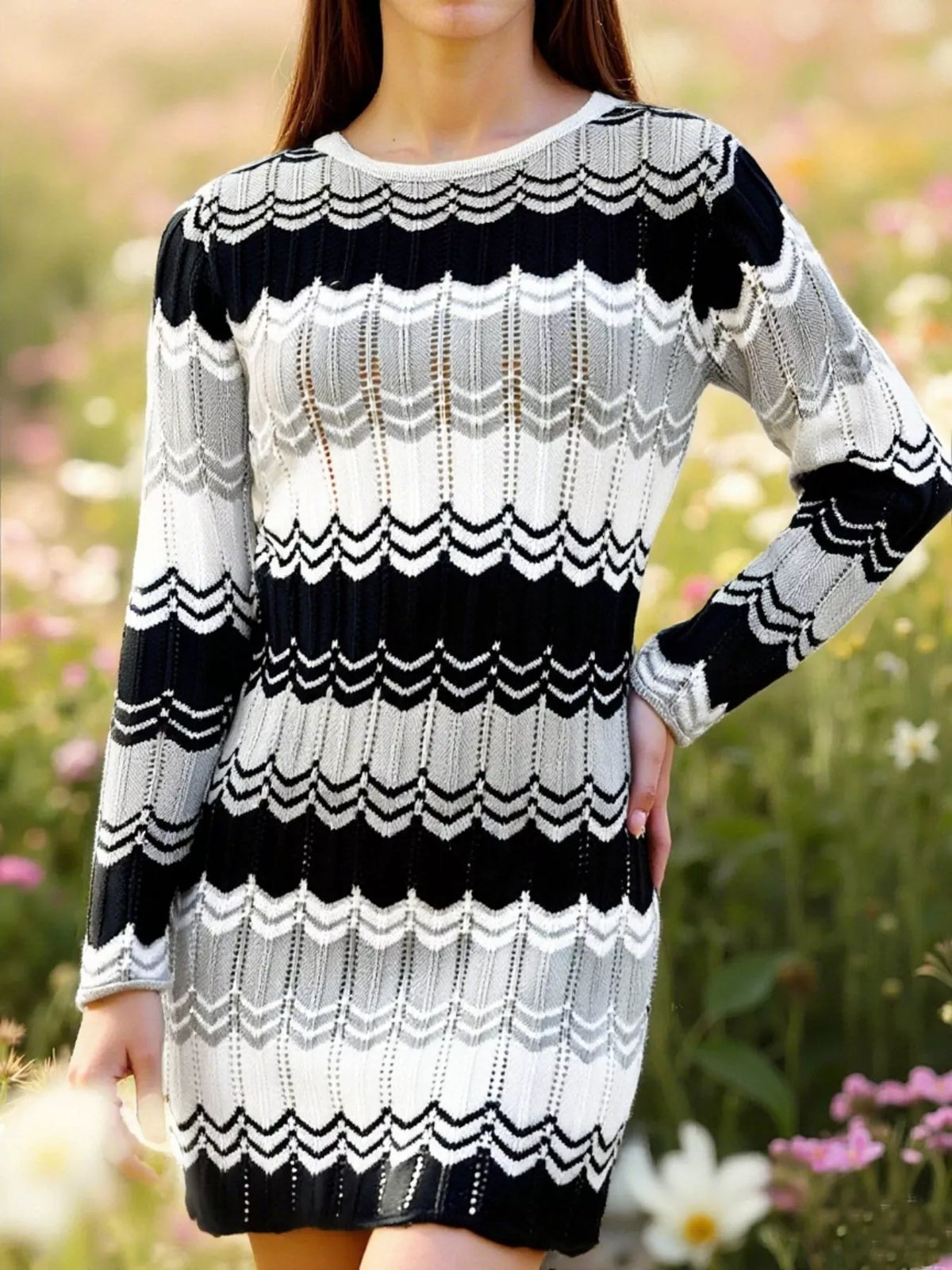 Openwork Wave Pattern Long Sleeve Sweater Dress - alternate view 7