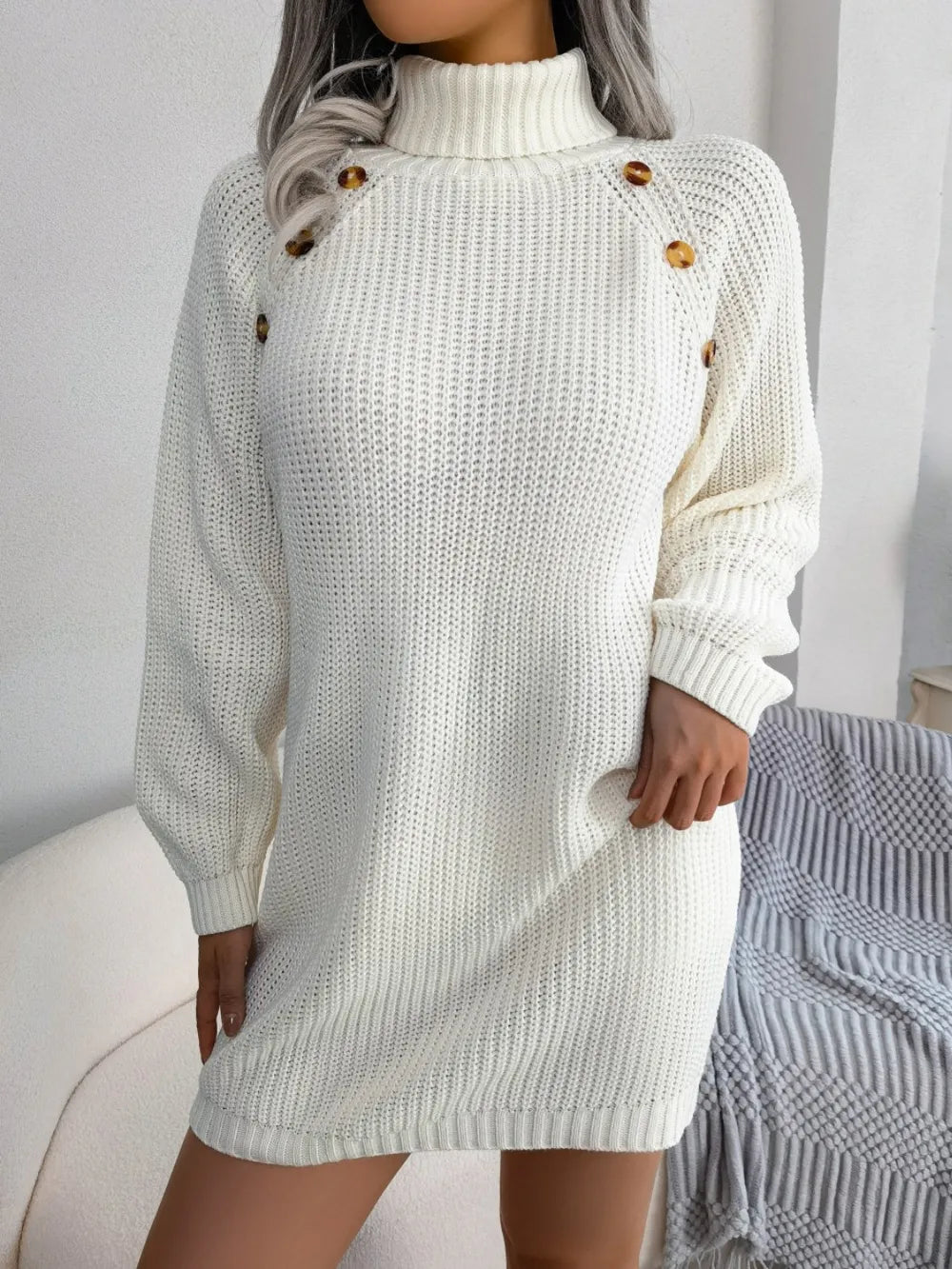 Decorative Button Turtleneck Sweater Dress - alternate view 4