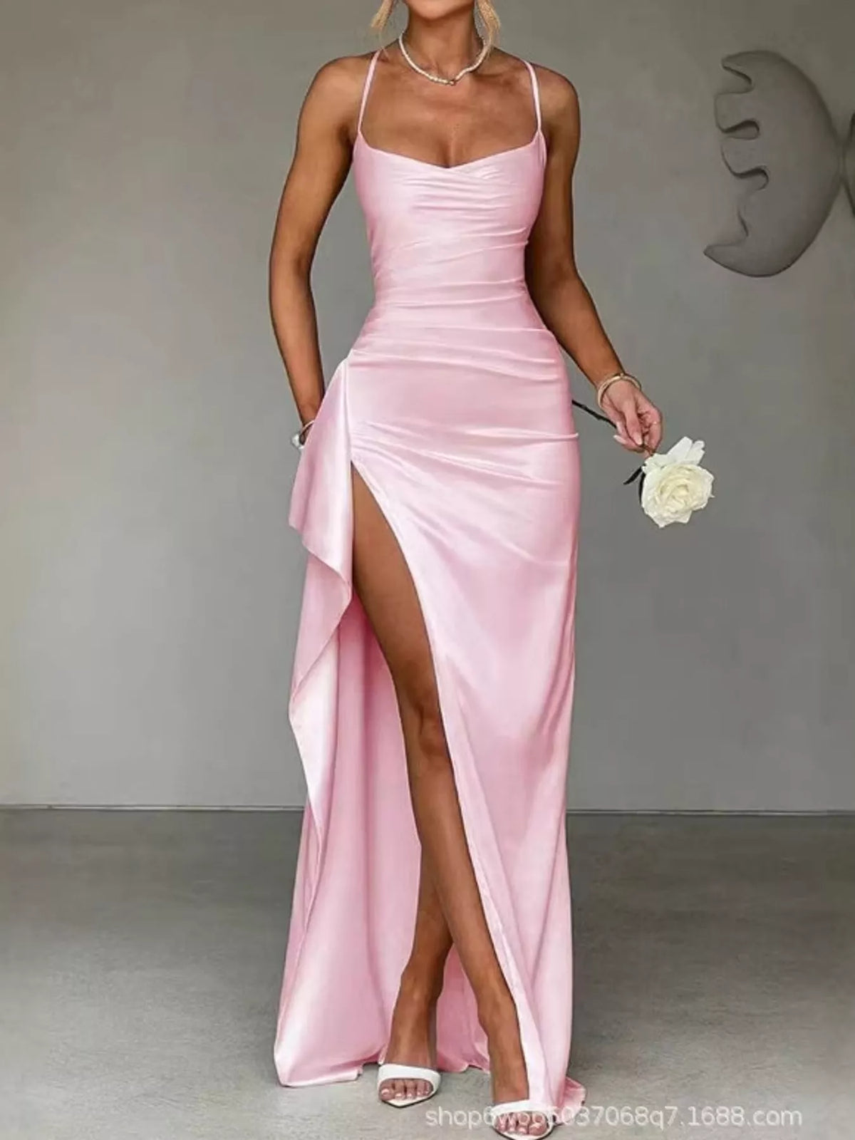 Satin Ruched High-Slit Maxi Dress - alternate view 9